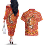 Aboriginal Goanna Art Couples Matching Off The Shoulder Long Sleeve Dress and Hawaiian Shirt Native Australian Animals