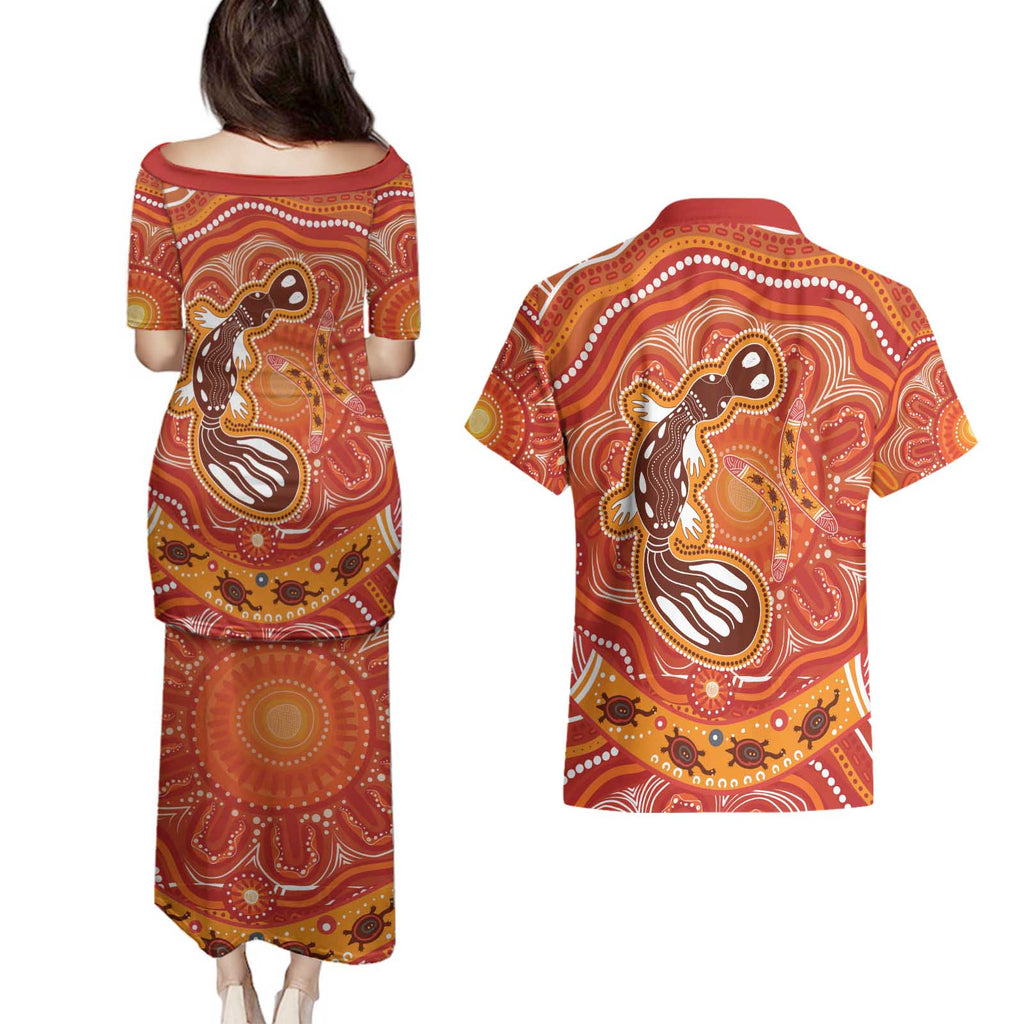 Aboriginal Goanna Art Couples Matching Puletasi and Hawaiian Shirt Native Australian Animals