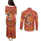 Aboriginal Goanna Art Couples Matching Puletasi and Long Sleeve Button Shirt Native Australian Animals