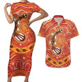 Aboriginal Goanna Art Couples Matching Short Sleeve Bodycon Dress and Hawaiian Shirt Native Australian Animals