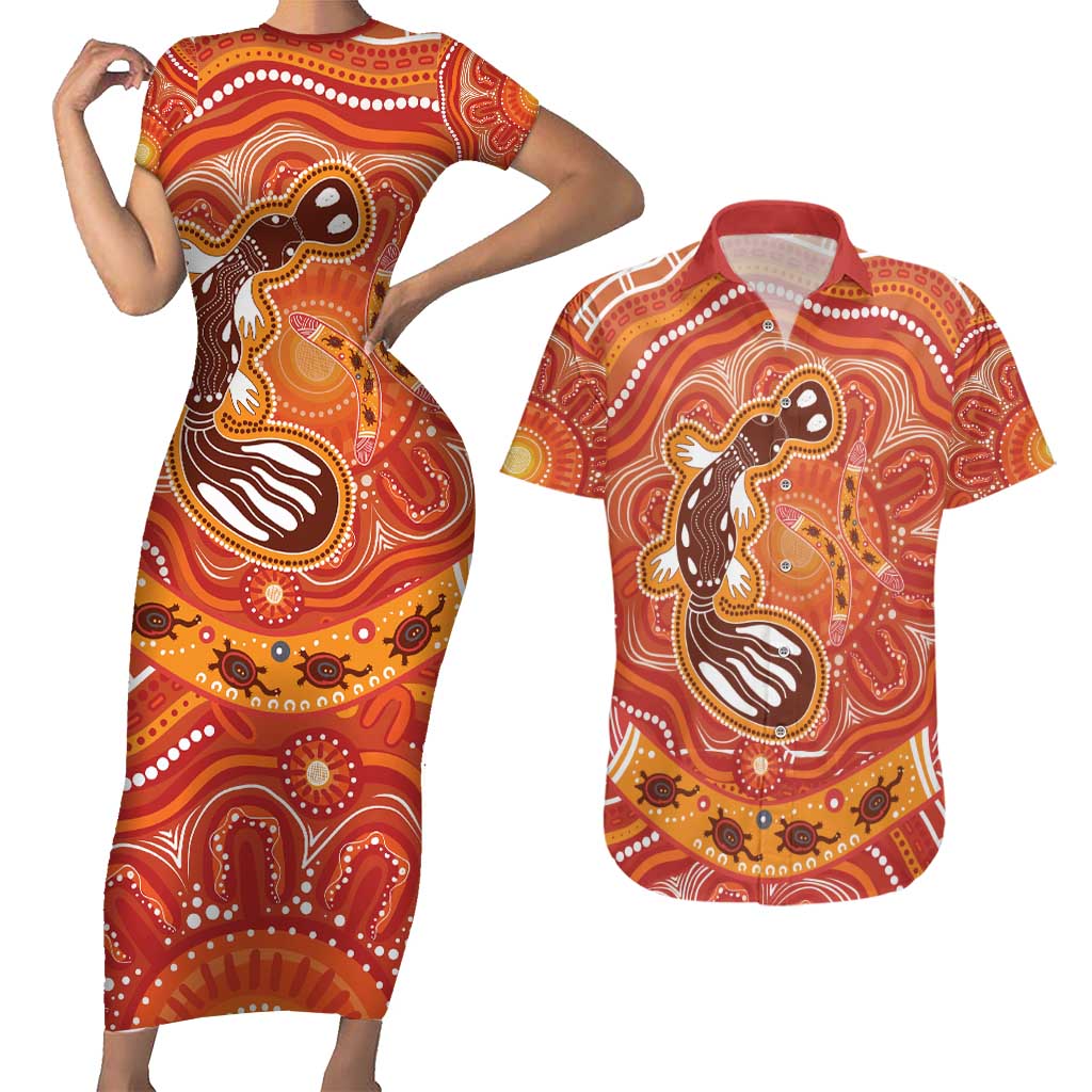 Aboriginal Goanna Art Couples Matching Short Sleeve Bodycon Dress and Hawaiian Shirt Native Australian Animals