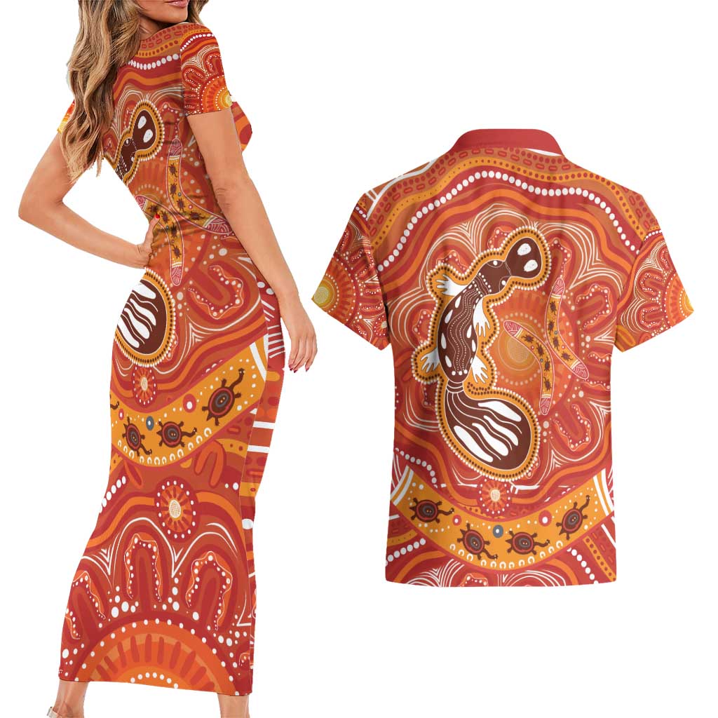 Aboriginal Goanna Art Couples Matching Short Sleeve Bodycon Dress and Hawaiian Shirt Native Australian Animals