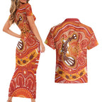 Aboriginal Goanna Art Couples Matching Short Sleeve Bodycon Dress and Hawaiian Shirt Native Australian Animals