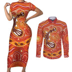 Aboriginal Goanna Art Couples Matching Short Sleeve Bodycon Dress and Long Sleeve Button Shirt Native Australian Animals