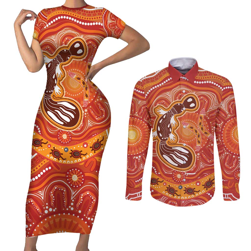 Aboriginal Goanna Art Couples Matching Short Sleeve Bodycon Dress and Long Sleeve Button Shirt Native Australian Animals
