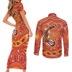 Aboriginal Goanna Art Couples Matching Short Sleeve Bodycon Dress and Long Sleeve Button Shirt Native Australian Animals