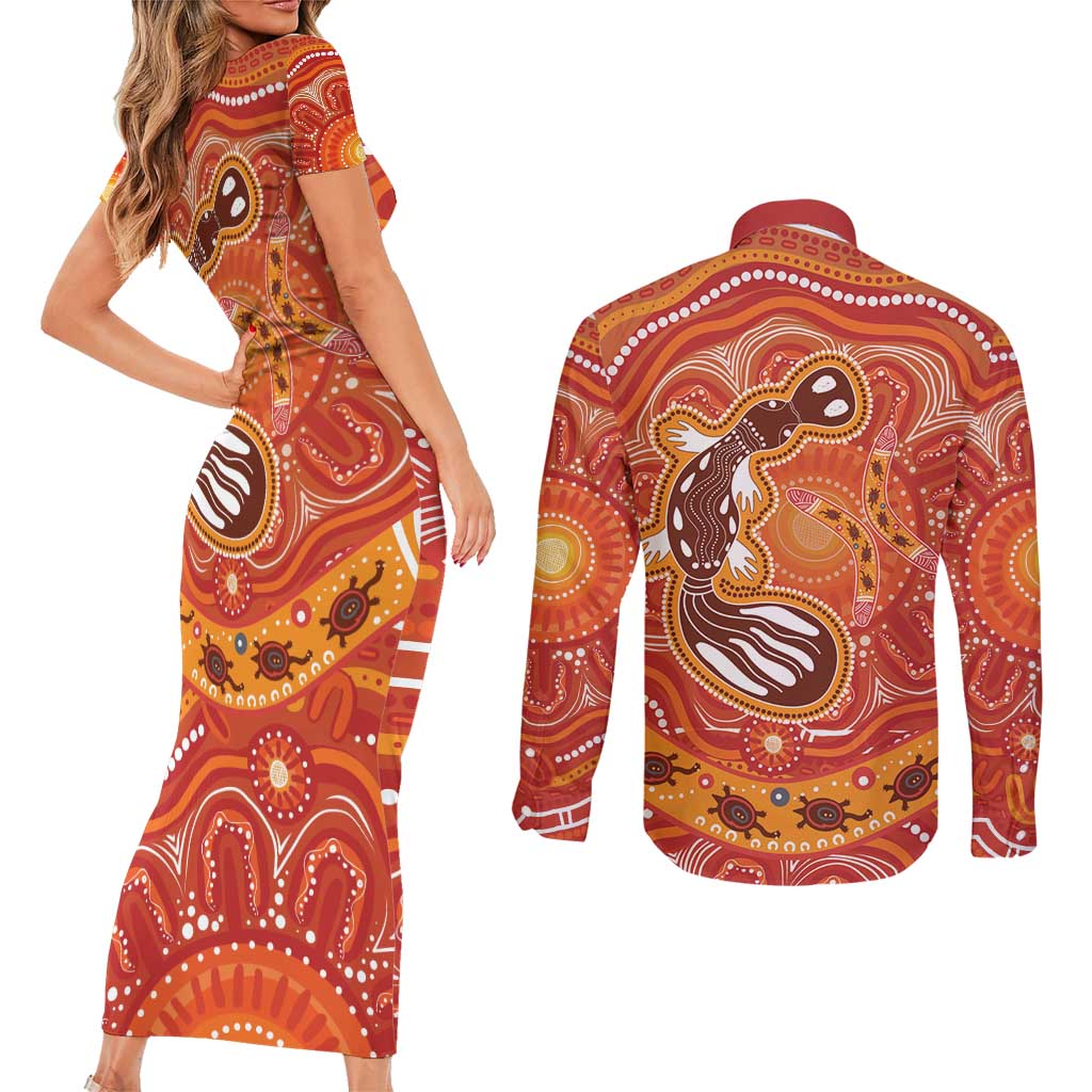 Aboriginal Goanna Art Couples Matching Short Sleeve Bodycon Dress and Long Sleeve Button Shirt Native Australian Animals