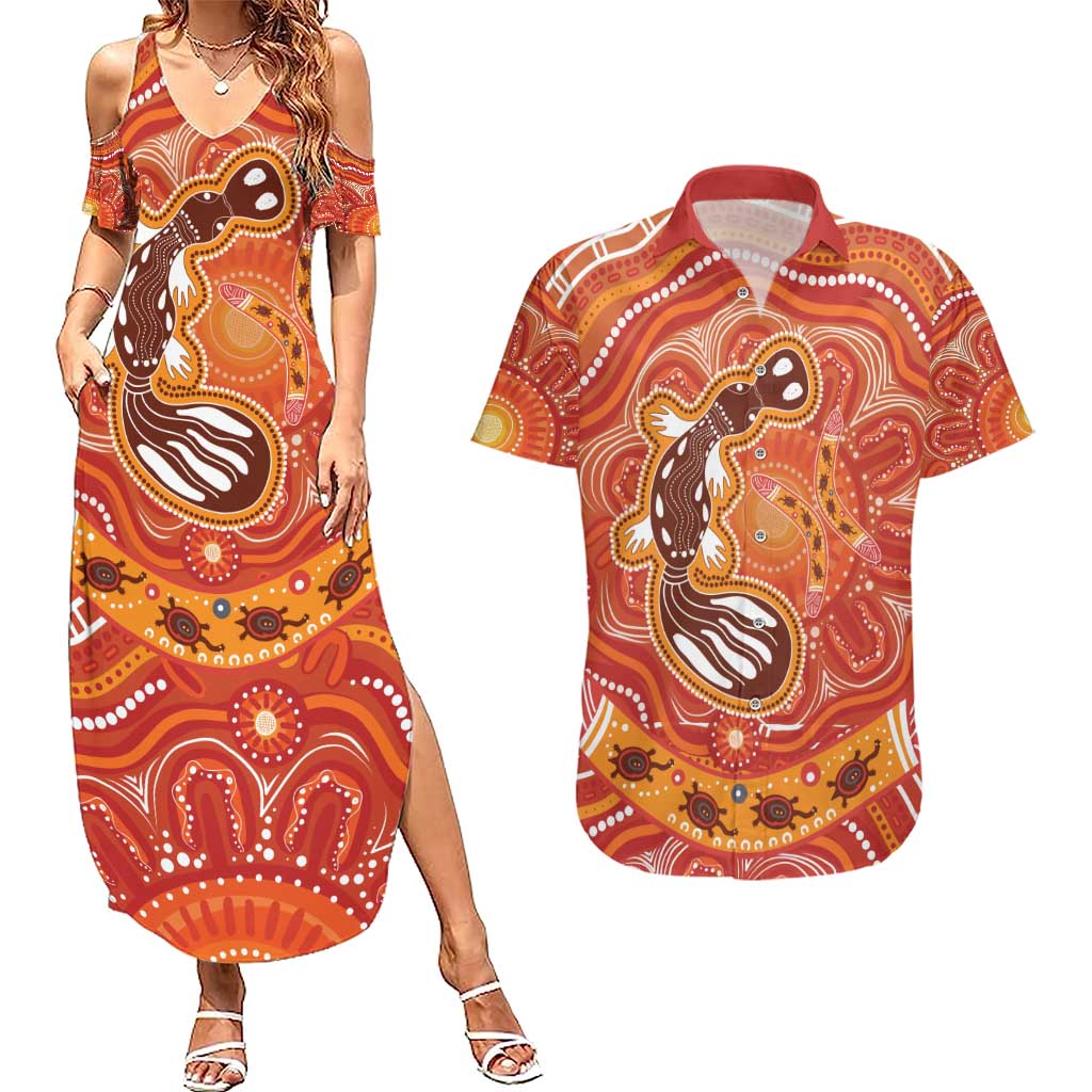 Aboriginal Goanna Art Couples Matching Summer Maxi Dress and Hawaiian Shirt Native Australian Animals
