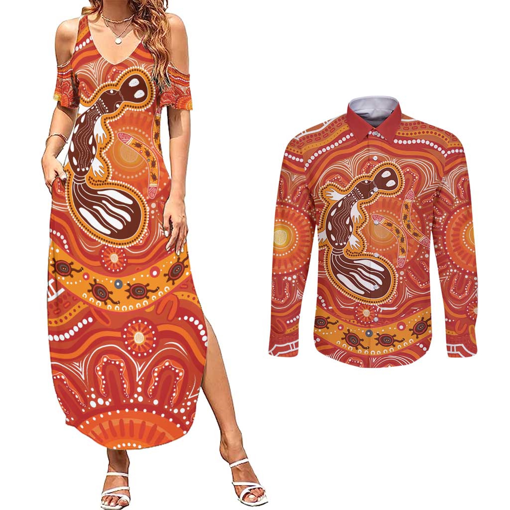 Aboriginal Goanna Art Couples Matching Summer Maxi Dress and Long Sleeve Button Shirt Native Australian Animals