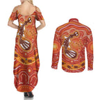 Aboriginal Goanna Art Couples Matching Summer Maxi Dress and Long Sleeve Button Shirt Native Australian Animals