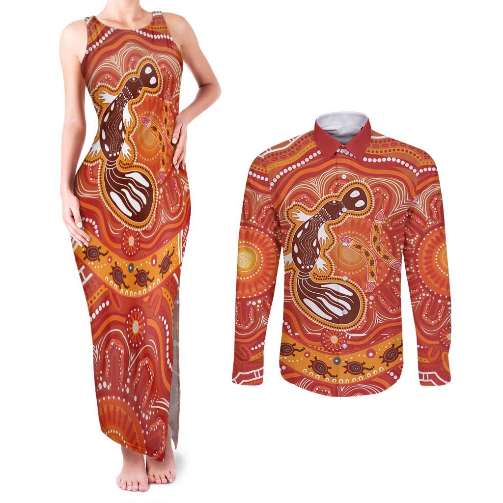 Aboriginal Goanna Art Couples Matching Tank Maxi Dress and Long Sleeve Button Shirt Native Australian Animals