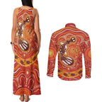 Aboriginal Goanna Art Couples Matching Tank Maxi Dress and Long Sleeve Button Shirt Native Australian Animals