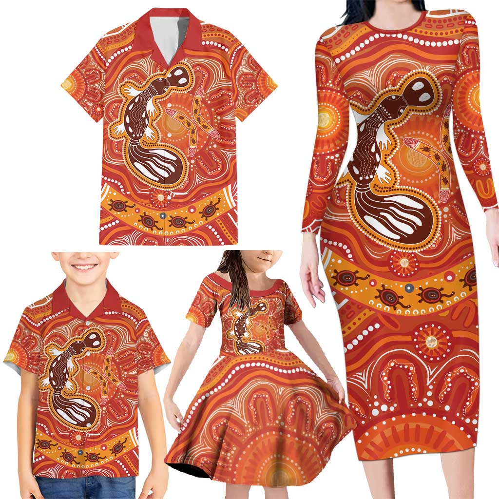 Aboriginal Goanna Art Family Matching Long Sleeve Bodycon Dress and Hawaiian Shirt Native Australian Animals