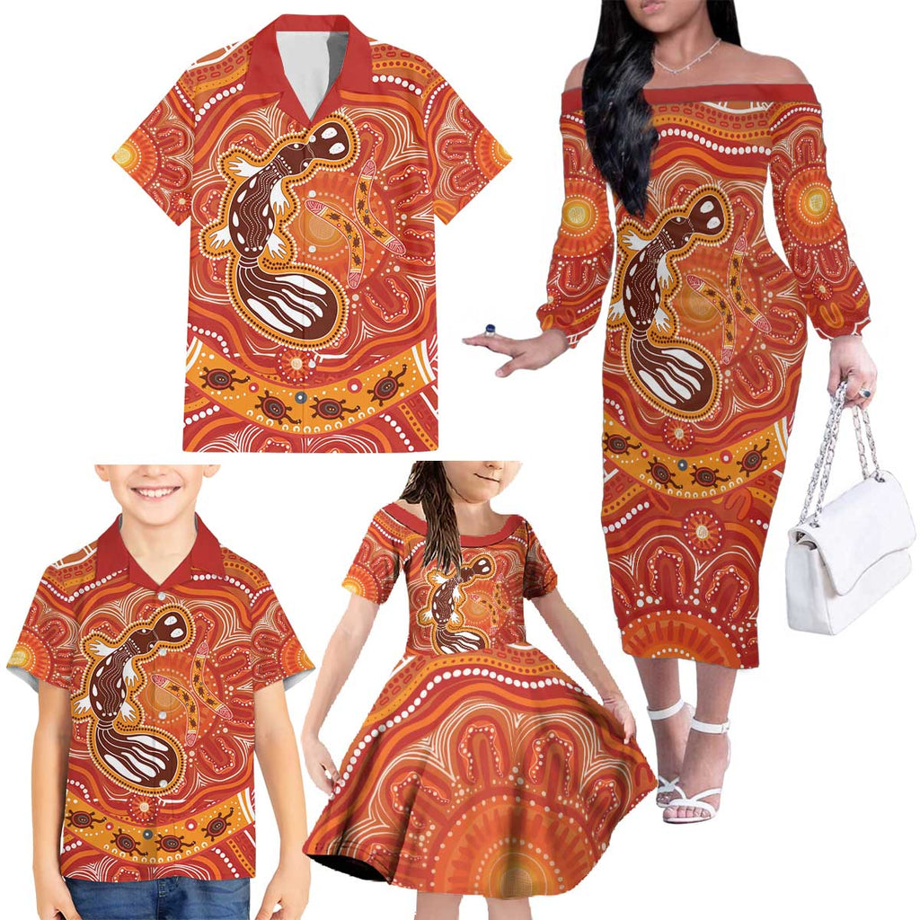 Aboriginal Goanna Art Family Matching Off The Shoulder Long Sleeve Dress and Hawaiian Shirt Native Australian Animals