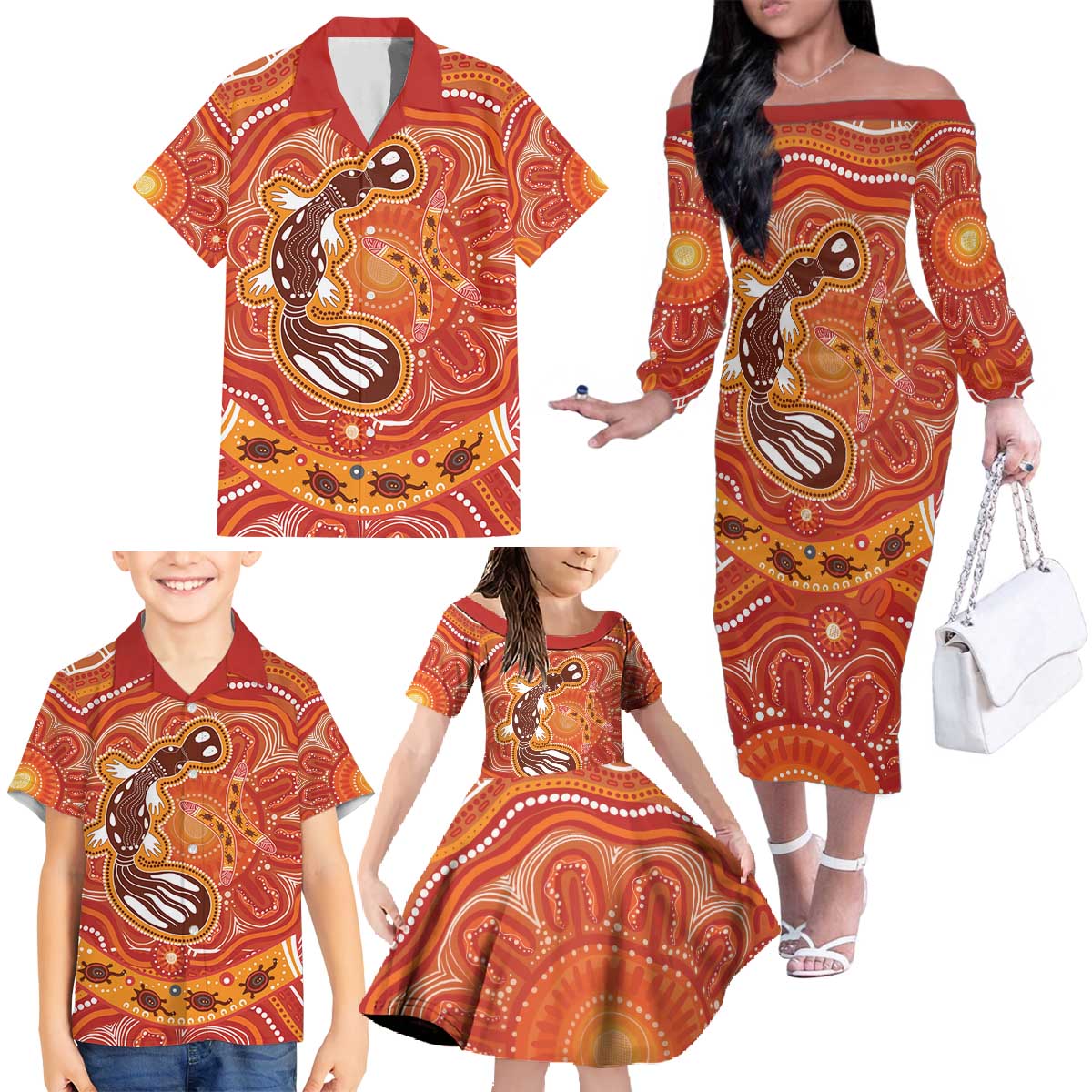 Aboriginal Goanna Art Family Matching Off The Shoulder Long Sleeve Dress and Hawaiian Shirt Native Australian Animals