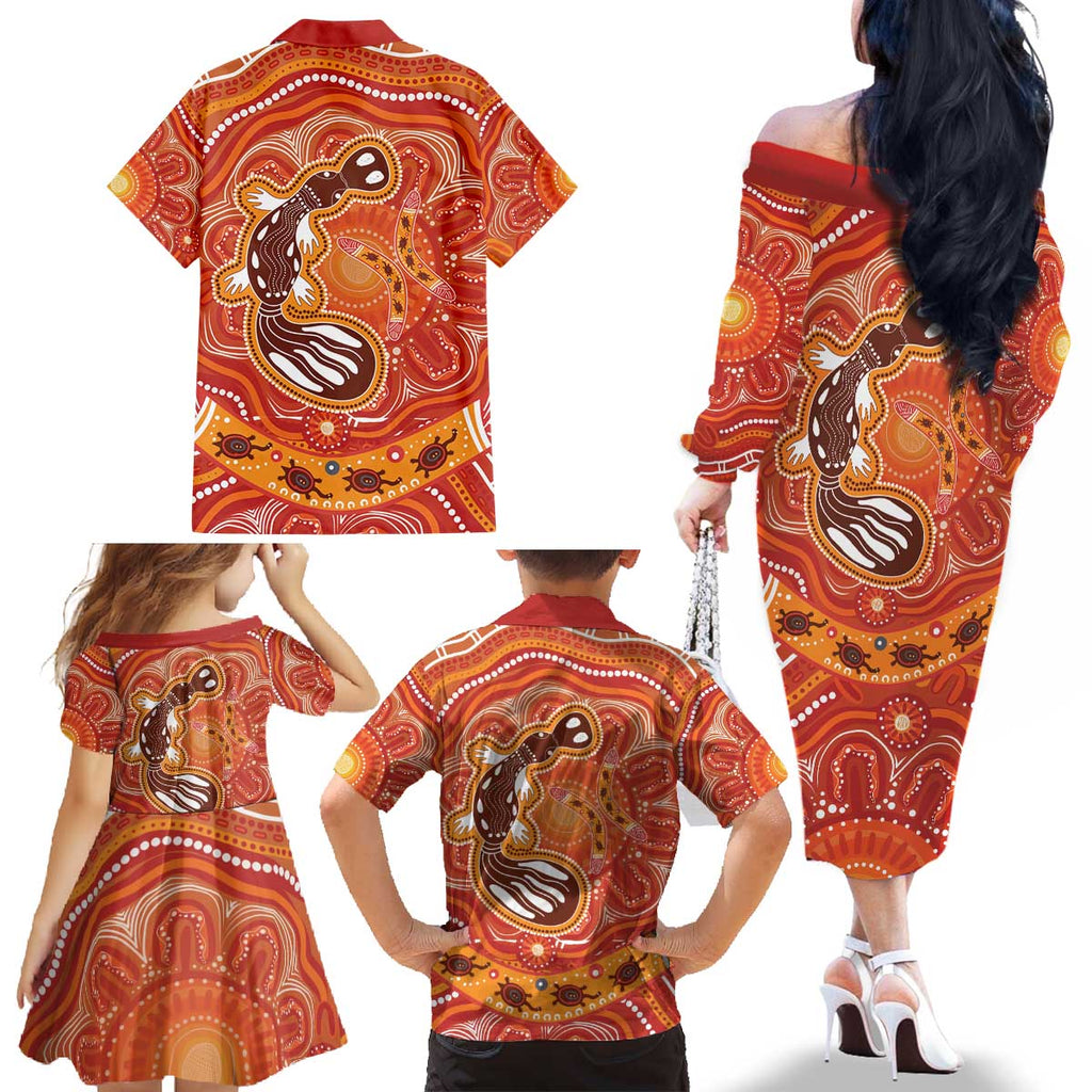 Aboriginal Goanna Art Family Matching Off The Shoulder Long Sleeve Dress and Hawaiian Shirt Native Australian Animals