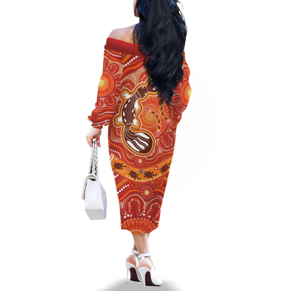 Aboriginal Goanna Art Family Matching Off The Shoulder Long Sleeve Dress and Hawaiian Shirt Native Australian Animals
