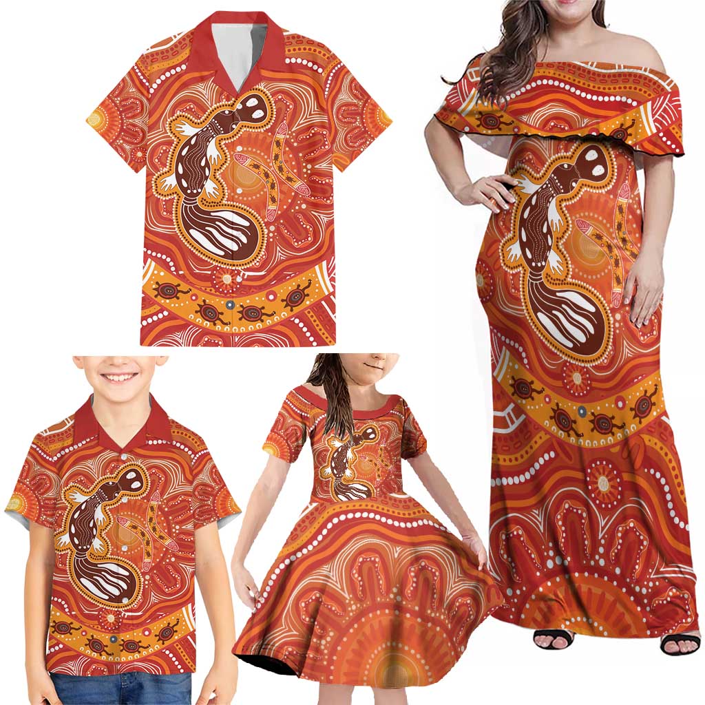 Aboriginal Goanna Art Family Matching Off Shoulder Maxi Dress and Hawaiian Shirt Native Australian Animals