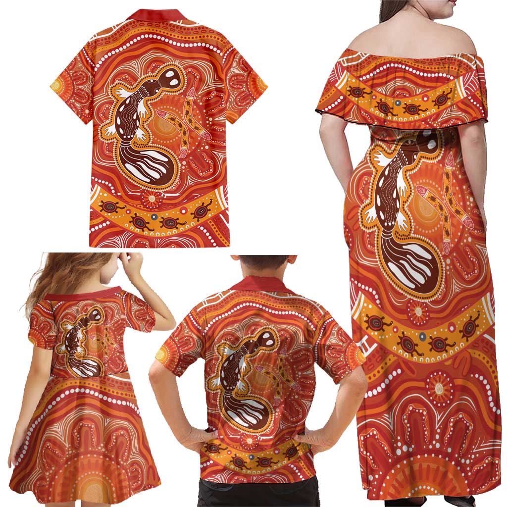 Aboriginal Goanna Art Family Matching Off Shoulder Maxi Dress and Hawaiian Shirt Native Australian Animals