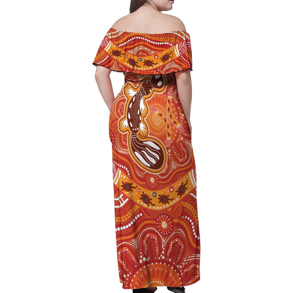 Aboriginal Goanna Art Family Matching Off Shoulder Maxi Dress and Hawaiian Shirt Native Australian Animals