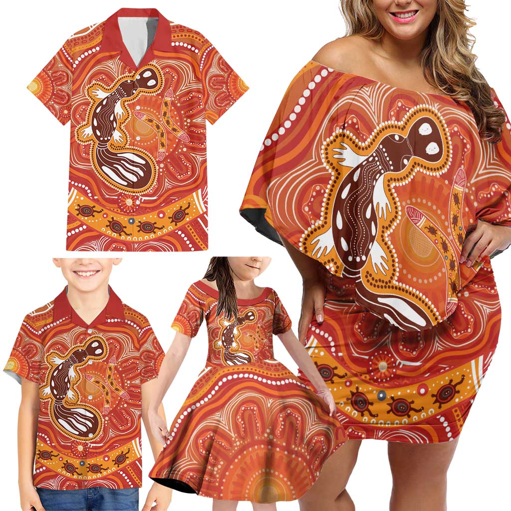 Aboriginal Goanna Art Family Matching Off Shoulder Short Dress and Hawaiian Shirt Native Australian Animals