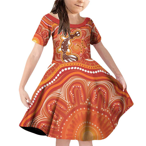 Aboriginal Goanna Art Family Matching Off Shoulder Short Dress and Hawaiian Shirt Native Australian Animals