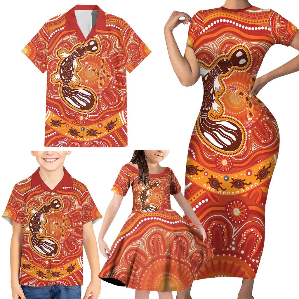 Aboriginal Goanna Art Family Matching Short Sleeve Bodycon Dress and Hawaiian Shirt Native Australian Animals