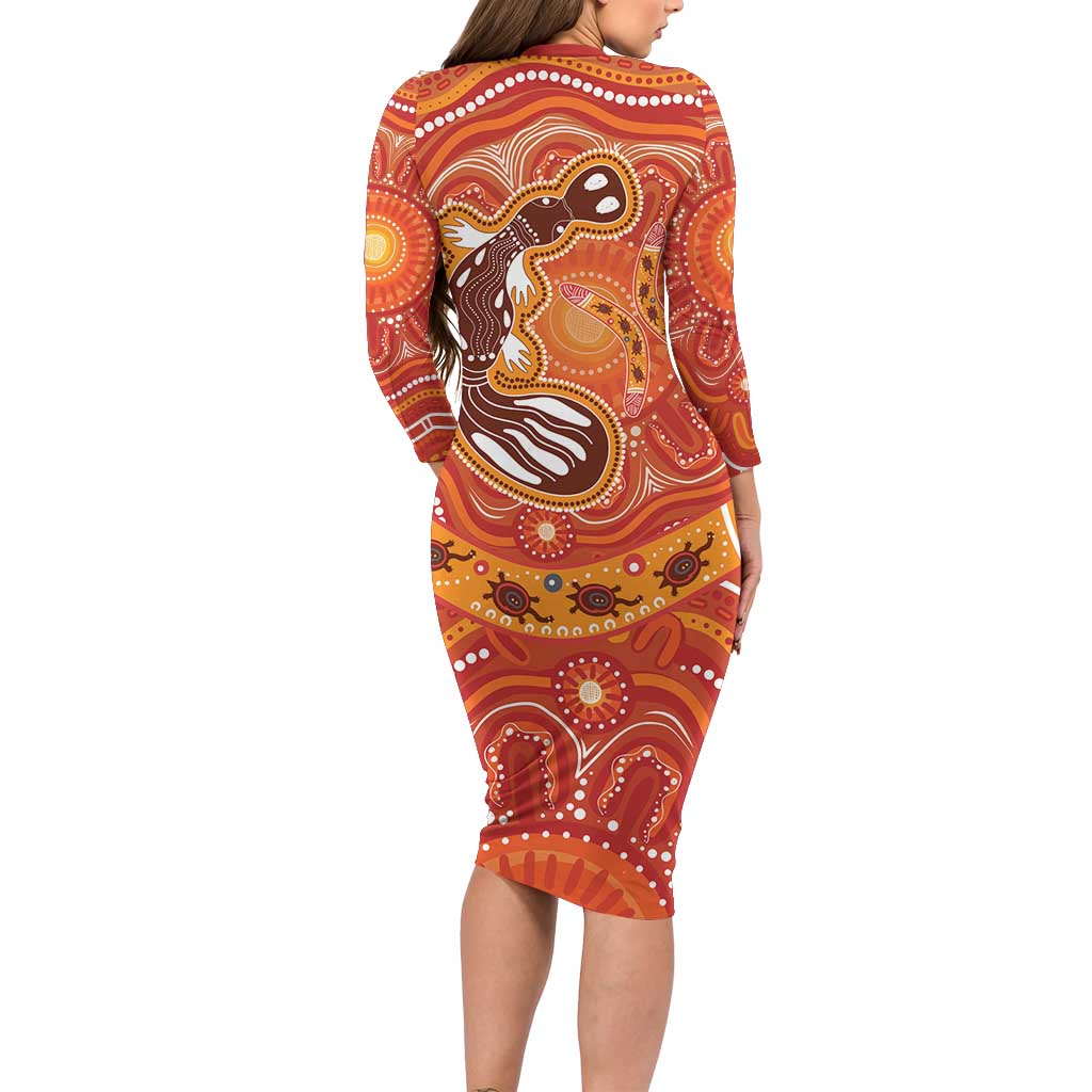 Aboriginal Goanna Art Long Sleeve Bodycon Dress Native Australian Animals