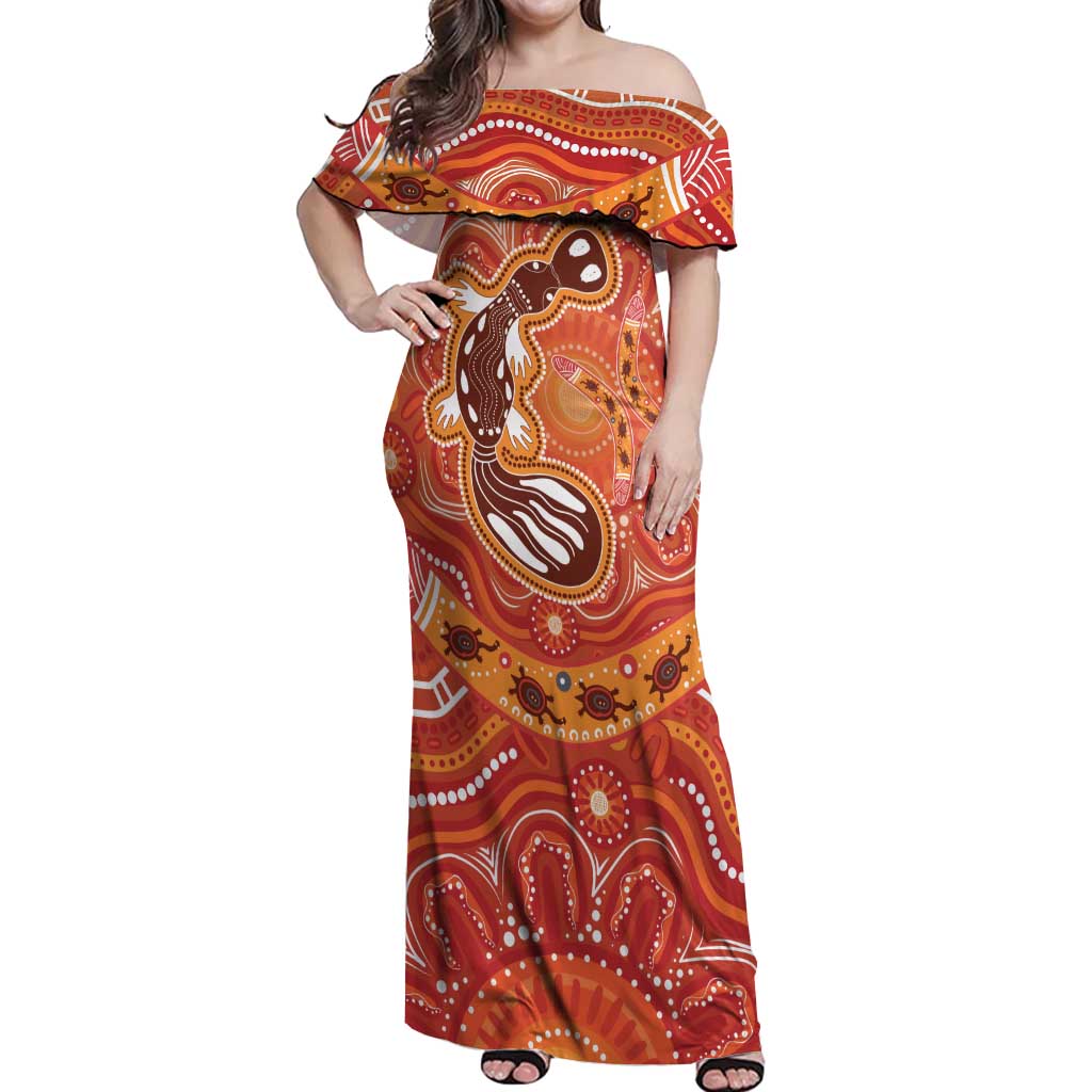 Aboriginal Goanna Art Off Shoulder Maxi Dress Native Australian Animals