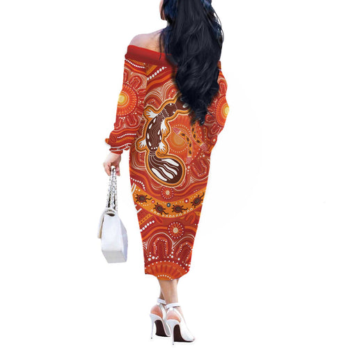 Aboriginal Goanna Art Off The Shoulder Long Sleeve Dress Native Australian Animals