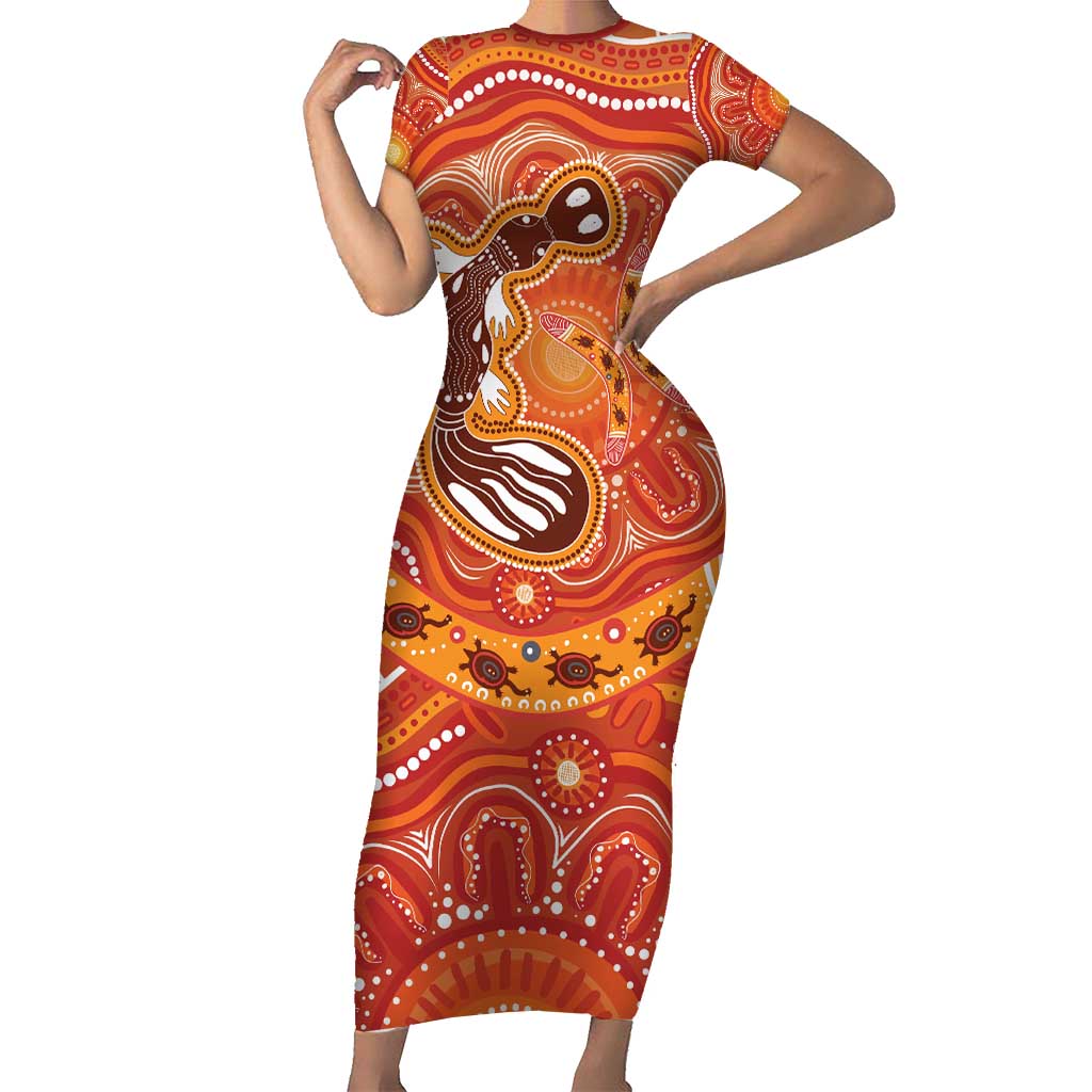 Aboriginal Goanna Art Short Sleeve Bodycon Dress Native Australian Animals