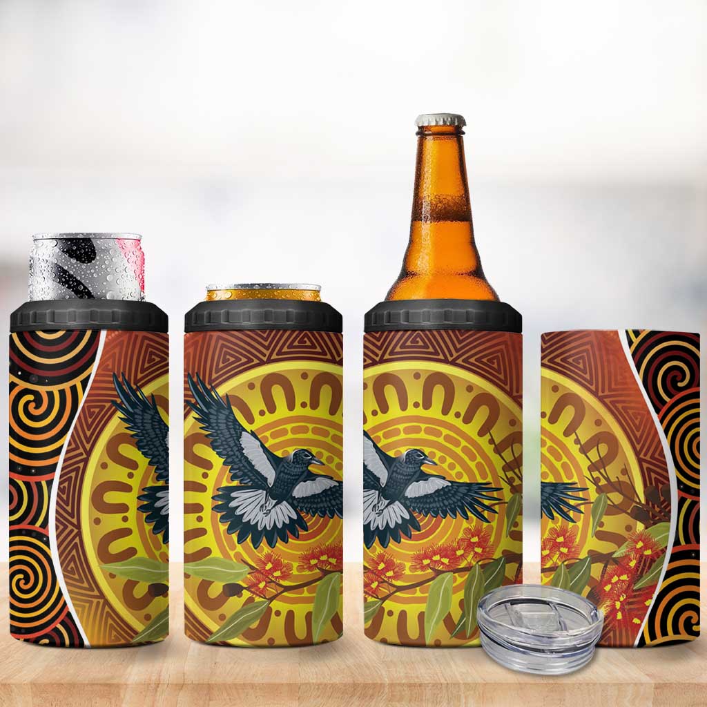 Aboriginal Magpies Dots Art 4 in 1 Can Cooler Tumbler Native Australian Animals