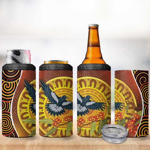 Aboriginal Magpies Dots Art 4 in 1 Can Cooler Tumbler Native Australian Animals