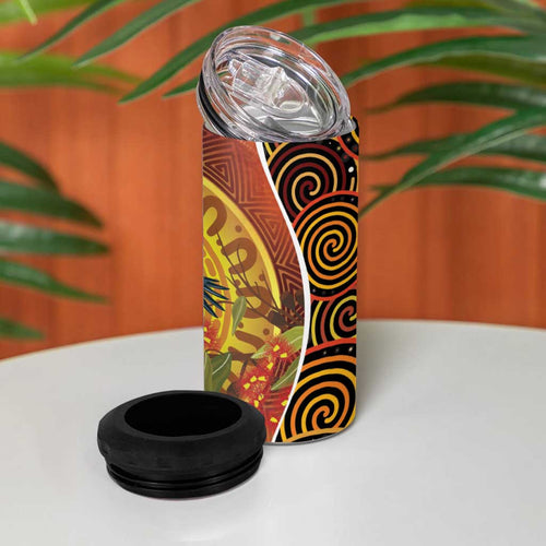 Aboriginal Magpies Dots Art 4 in 1 Can Cooler Tumbler Native Australian Animals