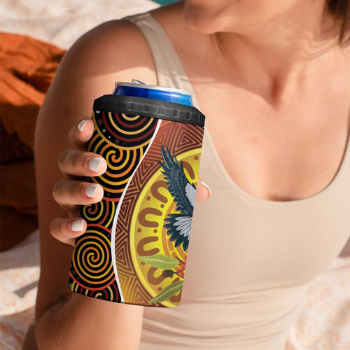Aboriginal Magpies Dots Art 4 in 1 Can Cooler Tumbler Native Australian Animals