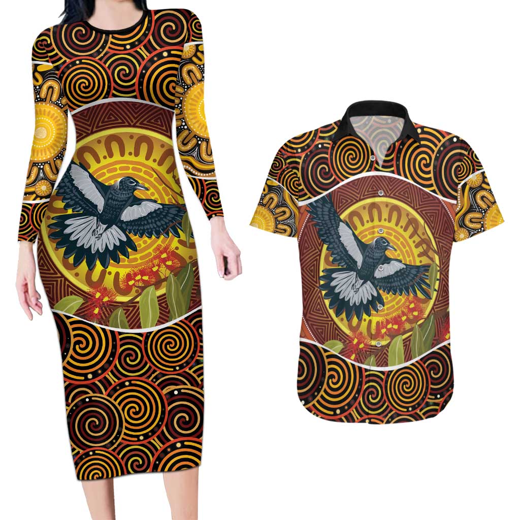 Aboriginal Magpies Dots Art Couples Matching Long Sleeve Bodycon Dress and Hawaiian Shirt Native Australian Animals