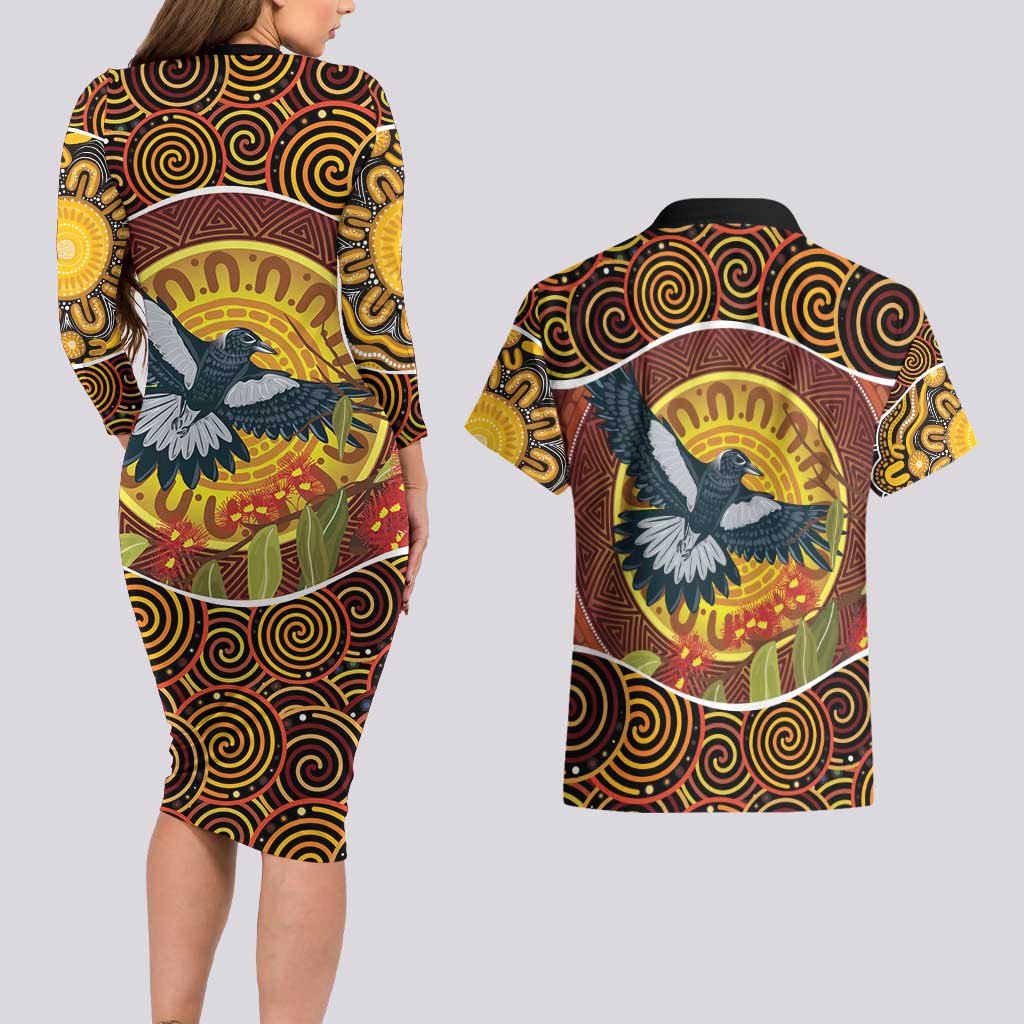 Aboriginal Magpies Dots Art Couples Matching Long Sleeve Bodycon Dress and Hawaiian Shirt Native Australian Animals