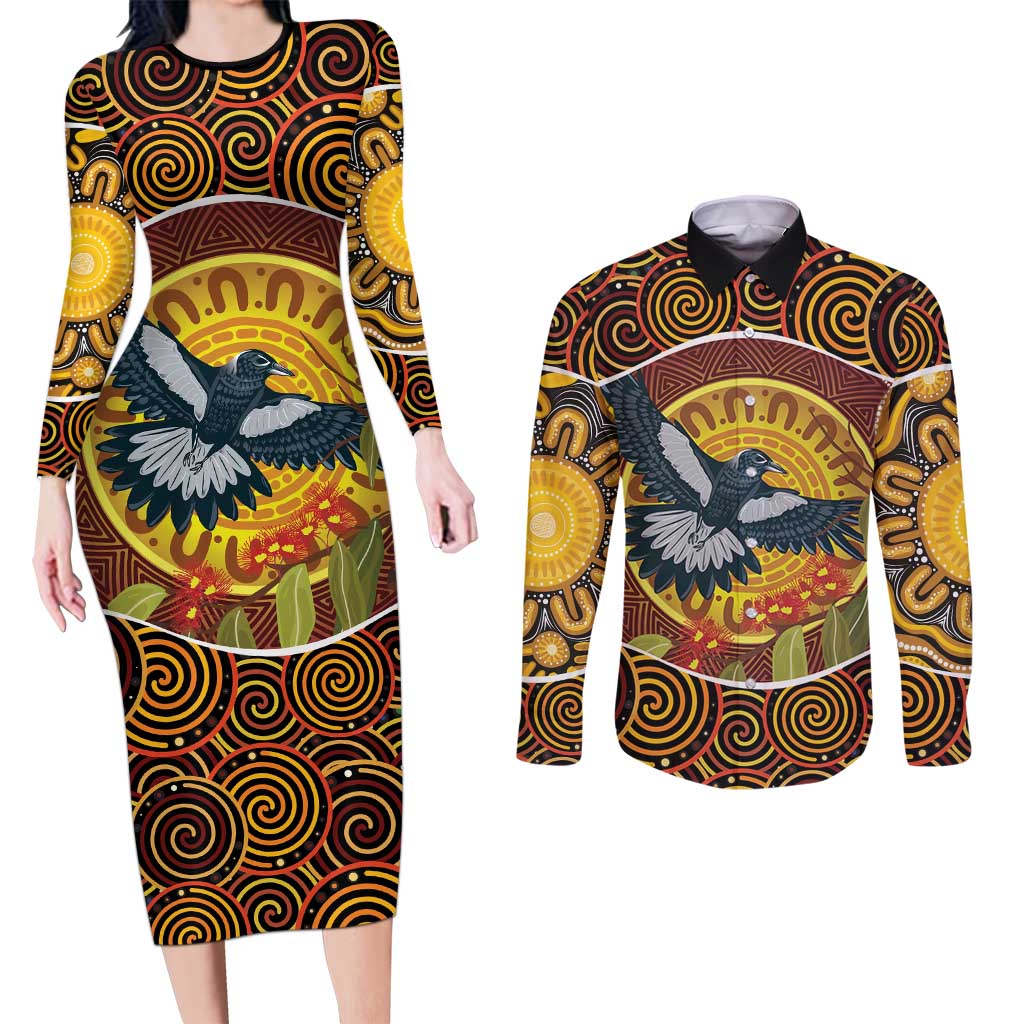 Aboriginal Magpies Dots Art Couples Matching Long Sleeve Bodycon Dress and Long Sleeve Button Shirt Native Australian Animals