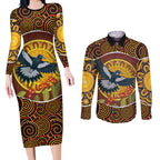 Aboriginal Magpies Dots Art Couples Matching Long Sleeve Bodycon Dress and Long Sleeve Button Shirt Native Australian Animals