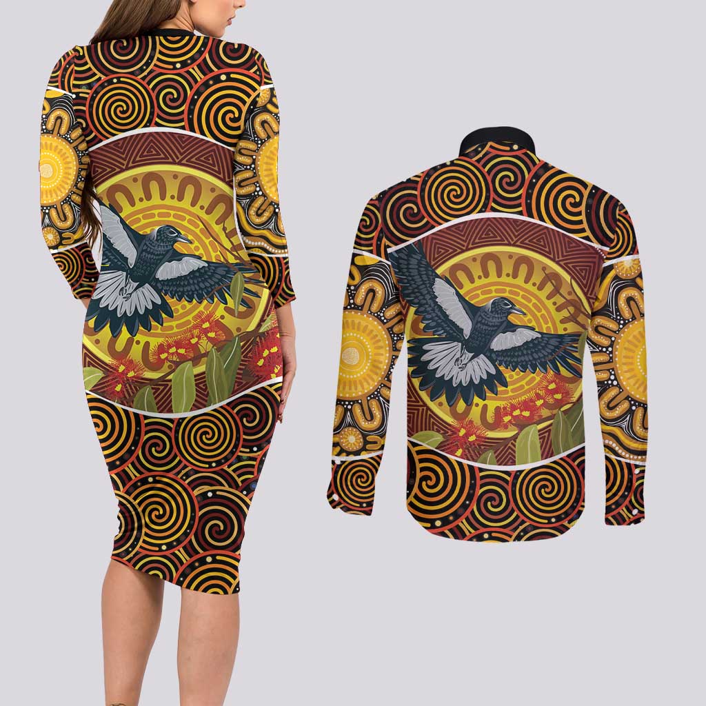 Aboriginal Magpies Dots Art Couples Matching Long Sleeve Bodycon Dress and Long Sleeve Button Shirt Native Australian Animals