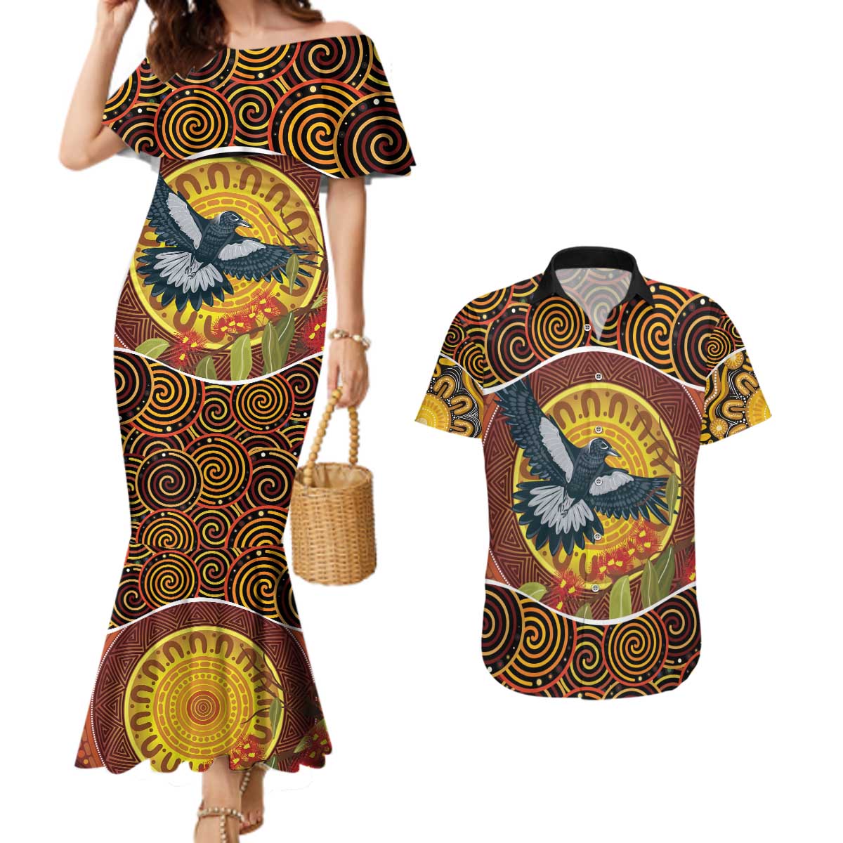 Aboriginal Magpies Dots Art Couples Matching Mermaid Dress and Hawaiian Shirt Native Australian Animals