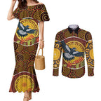 Aboriginal Magpies Dots Art Couples Matching Mermaid Dress and Long Sleeve Button Shirt Native Australian Animals