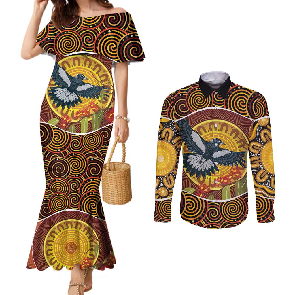 Aboriginal Magpies Dots Art Couples Matching Mermaid Dress and Long Sleeve Button Shirt Native Australian Animals