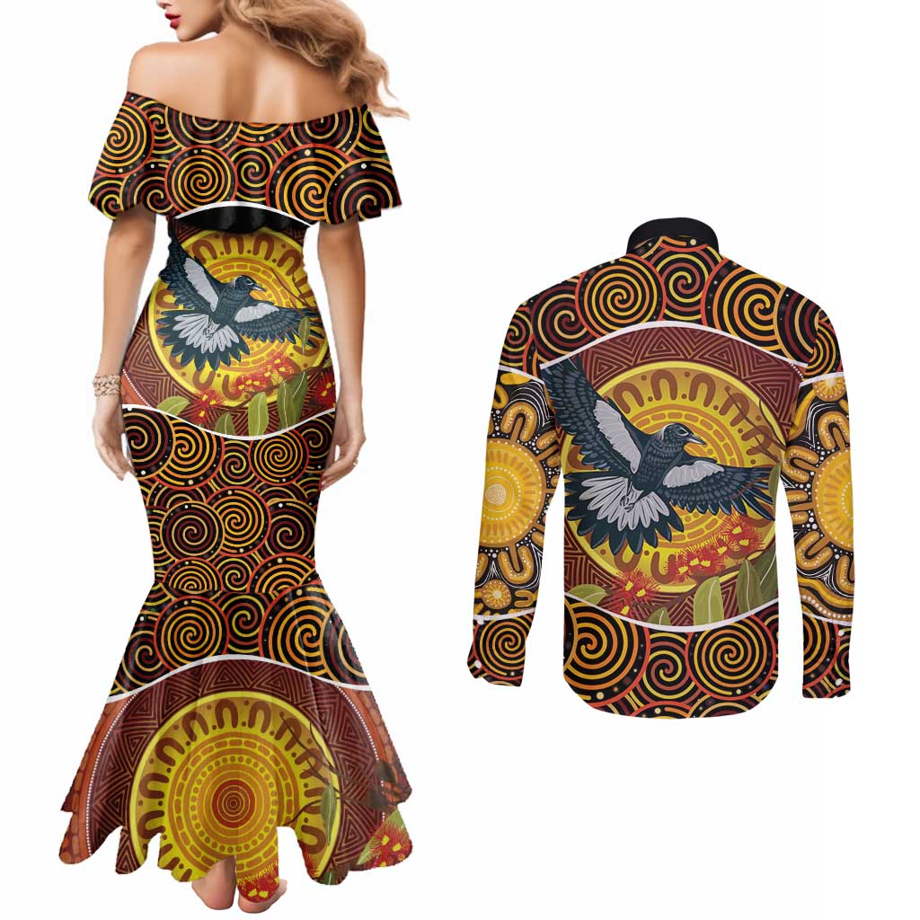 Aboriginal Magpies Dots Art Couples Matching Mermaid Dress and Long Sleeve Button Shirt Native Australian Animals