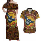 Aboriginal Magpies Dots Art Couples Matching Off Shoulder Maxi Dress and Hawaiian Shirt Native Australian Animals