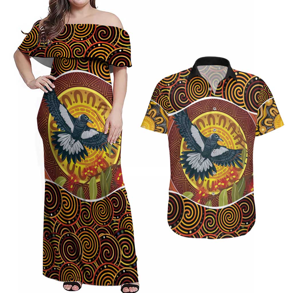 Aboriginal Magpies Dots Art Couples Matching Off Shoulder Maxi Dress and Hawaiian Shirt Native Australian Animals