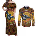 Aboriginal Magpies Dots Art Couples Matching Off Shoulder Maxi Dress and Long Sleeve Button Shirt Native Australian Animals