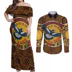 Aboriginal Magpies Dots Art Couples Matching Off Shoulder Maxi Dress and Long Sleeve Button Shirt Native Australian Animals