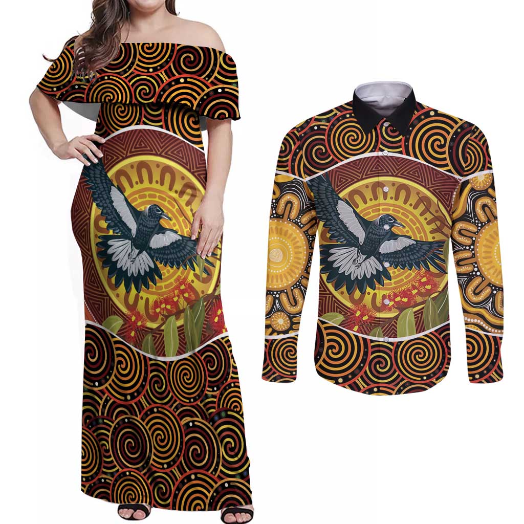 Aboriginal Magpies Dots Art Couples Matching Off Shoulder Maxi Dress and Long Sleeve Button Shirt Native Australian Animals