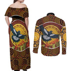 Aboriginal Magpies Dots Art Couples Matching Off Shoulder Maxi Dress and Long Sleeve Button Shirt Native Australian Animals